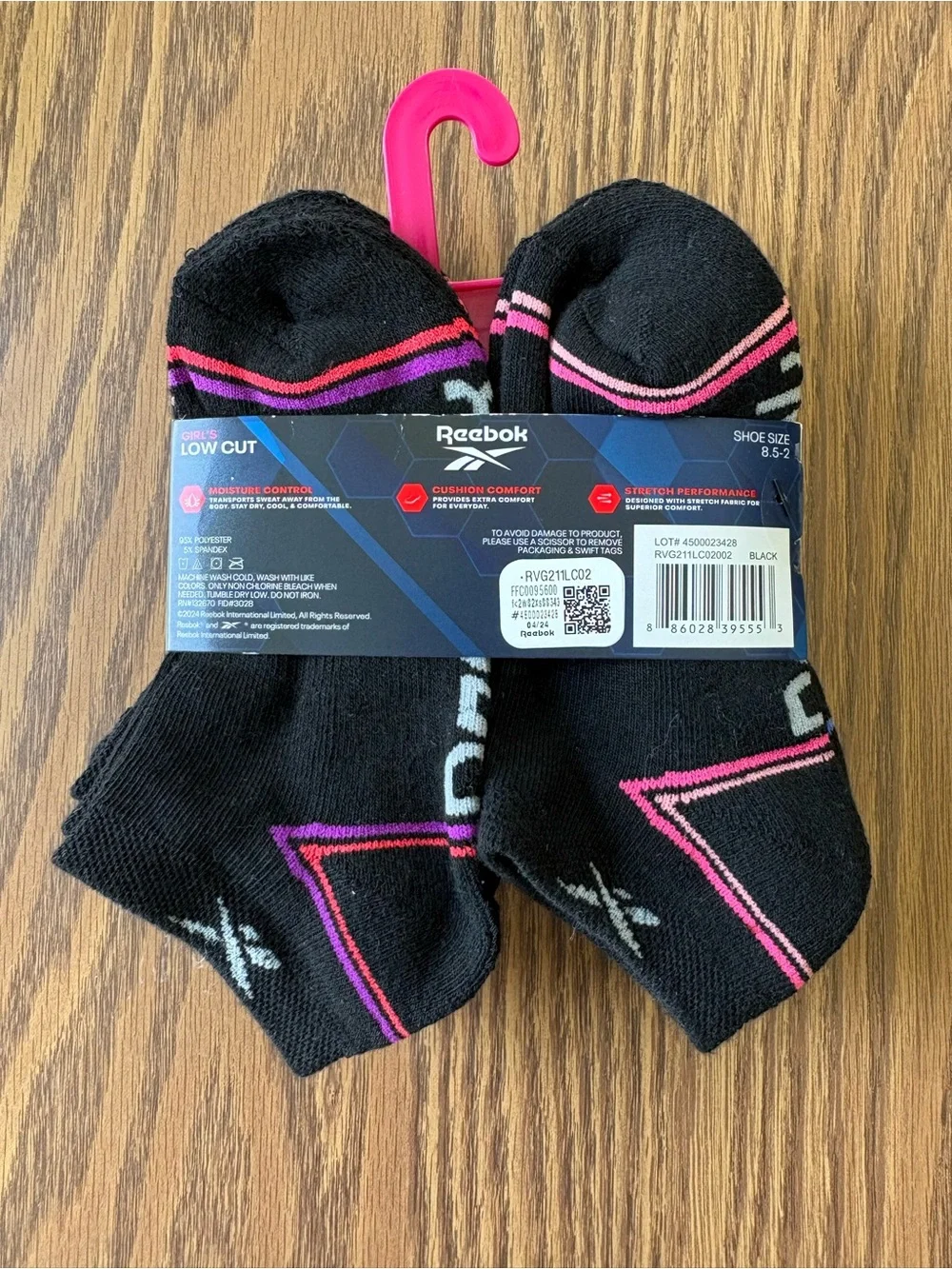 Reebok Black Low-Cut Athletic Socks with Pink and Purple Accents (6 Pack)